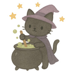 Charming Black Cat with Witch Hat Brewing Potion in Cauldron