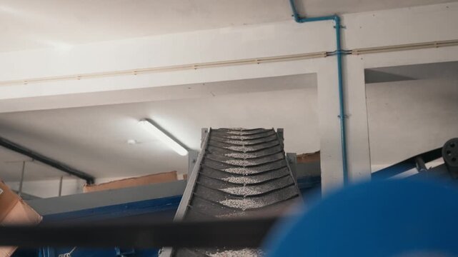Rubber granulate transported upward on conveyor inside recycling facility