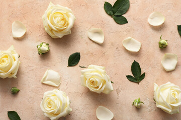 Beautiful white rose flowers with leaves and petals on beige background