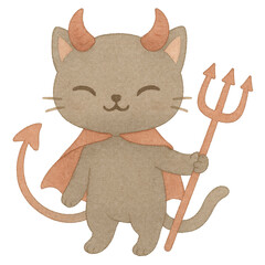 Cute Devil Cat Character with Horns and a Trident Staff Design