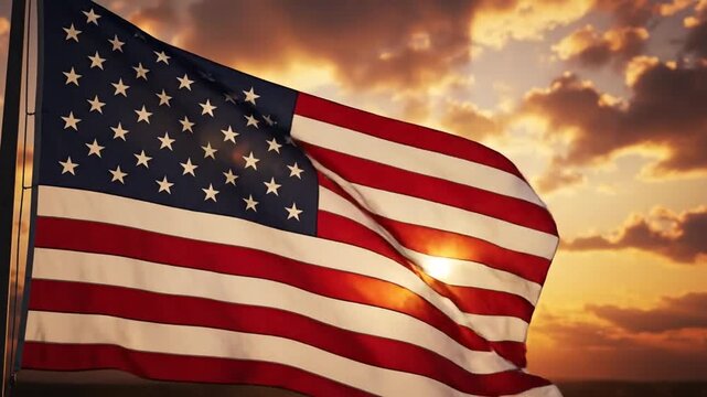 American flag waving in sunlight against sky with clouds patriotic symbolism and freedom concepts