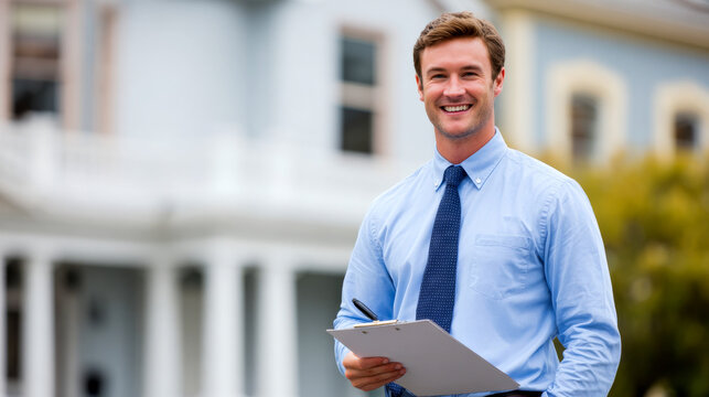 Real estate agent holding a clipboard with papers in front of a blurred house of classic two-storey design