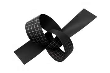 Black textured ribbon forming a stylized knot, featuring a subtle grid pattern, floating elegantly on a transparent background