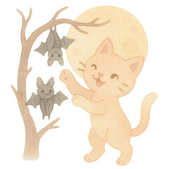 Playful Cat and Bats Under a Full Moon in Whimsical Style