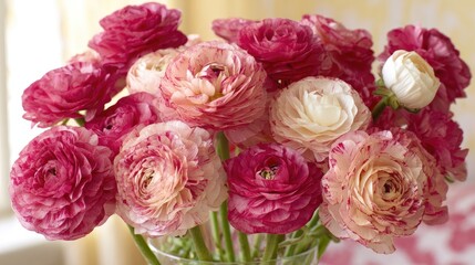 Bouquet of assorted pink and white ranunculus flowers.