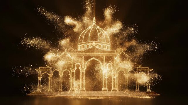 Glowing golden lines form an Islamic mosque. A magical burst of sparkling particles for a Ramadan or Eid celebration. Vertical animated greeting