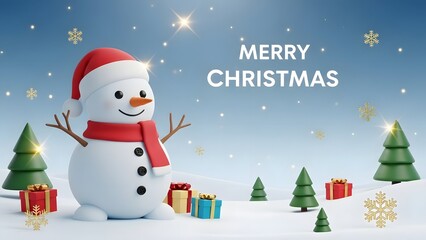 Joyful snowman celebrates a winter wonderland merry christmas with festive gifts and twinkling lights