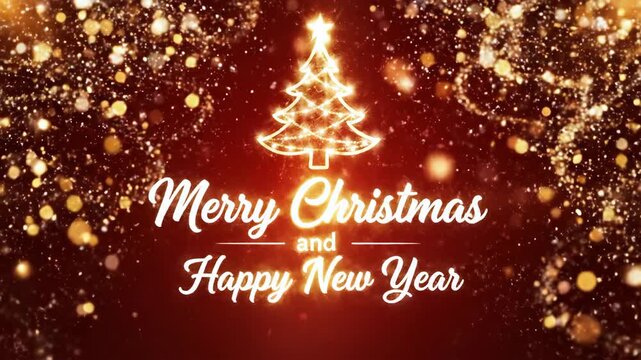 Merry Christmas and Happy New Year greeting animation. Golden particles and a glowing tree on a festive red background. Holiday celebration concept