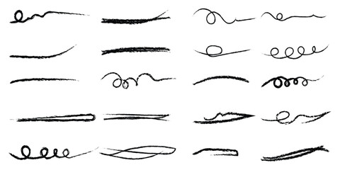 Crayon Line Stroke Vector Set. Chalk Scribble Underline Shapes Collection. Blackboard Hand Drawn Brush Texture Highlight Squiggle. Pencil Emphasis Elements Charcoal Doodle Dividers Bundle. 