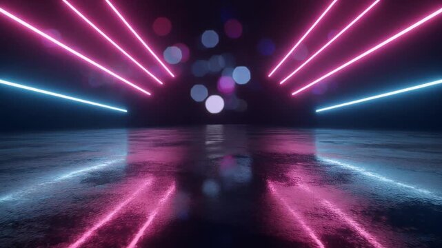 Abstract neon futuristic tunnel background with pink and blue lights reflecting on the wet surface.&nbsp;Great for sci-fi, cyberpunk, time travel or background themed projectsnight club lights