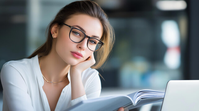 Employee studying code of conduct booklet, soft desk light, thoughtful expression, blurred background with copy space - Powered by Adobe