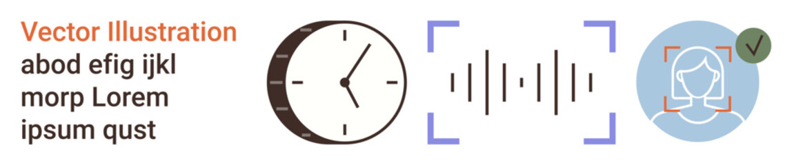 Identity verification, time management, AI technology, security systems, biometrics, access control. Clock, sound waves facial recognition symbol with checkmark. Identity verification and biometrics