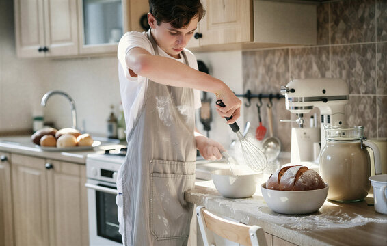 Young man dusting flour while whisking in sunny kitchen