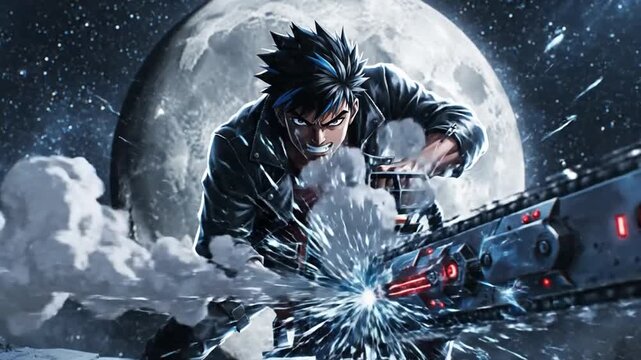 Anime character holding chainsaw with moon background dynamic action and energy effects vector illustration