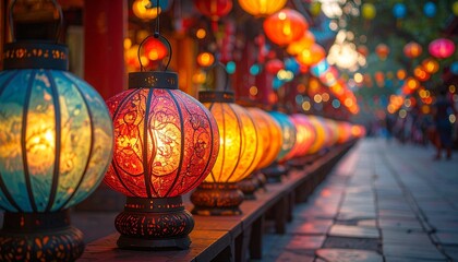 Luztopía festival: Beautiful Low-Angle Shot of Lined Up Glowing Lanterns with Detailed Patterns at Festival Plaza.