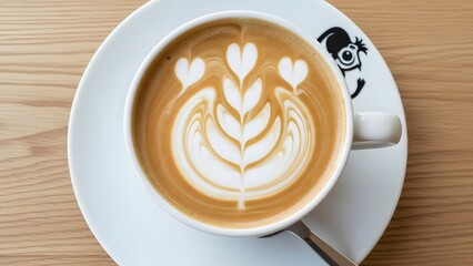 latte art with leaf and heart shapes in white cup on saucer with cartoon detail cozy cafe setting