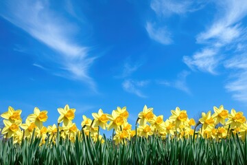 A vibrant display of yellow daffodils blooming in a field under a clear blue sky, with fluffy white clouds scattered across the expanse.