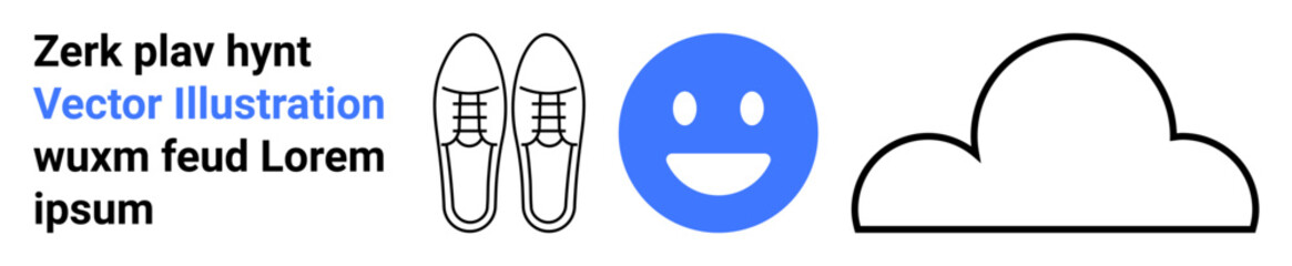 Emotions, creativity, design templates, branding concepts, visual communication, playful art. Blue happy face, outlined shoes cloud placeholder text. Emotions and creativity themed illustration