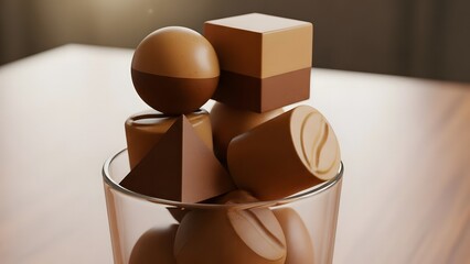 glass filled with geometric chocolate shapes including sphere cube pyramid and cylinder on wooden table