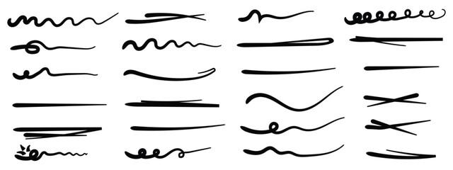 Set of hand drawn doodle lines underlines and squiggle lines, scribbles elements. Decorative doodles sketch scribble hand drawn handmade pencil pen marker. hand drawn squiggle,  grunge lines. EPS 10. 