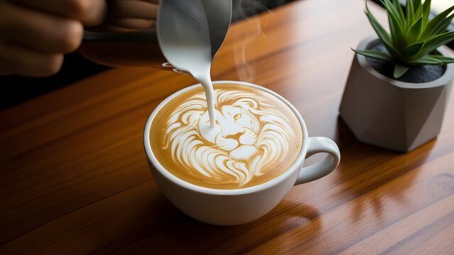 latte art of lion face with milk being poured into coffee cup on wooden table with succulent plant