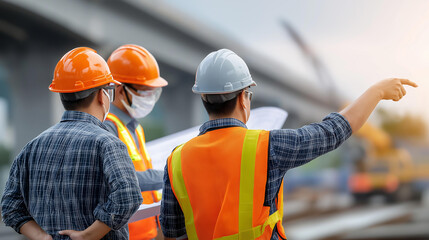 Multiple workers discussing plan, pointing toward structure, helmets shining, collaborative tension, blurred background with copy space