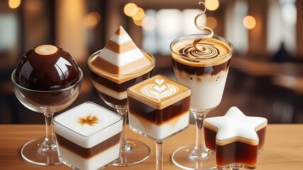 six artistic coffee drinks in unique glass shapes with layered foam and latte art on wooden table