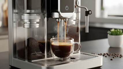 automatic espresso machine brewing coffee into glass cup with steam rising on kitchen counter