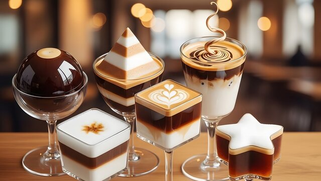 six artistic coffee drinks in unique glass shapes with layered foam and latte art on wooden table