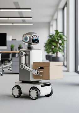 Small rolling office robot in a corporate office with a robot carrying cardboard boxes for business package delivery and freight shipping service