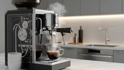 modern espresso machine brewing coffee into two glass cups with steam rising in sleek kitchen