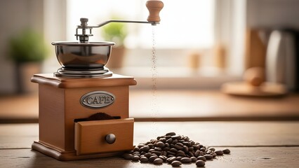 manual coffee grinder with wooden base and metal bowl grinding beans on cozy kitchen counter