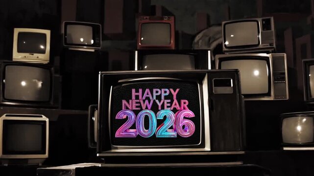 Vintage CRT television stack displaying a neon 3D Happy New Year 2026 greeting on the center screen. Retro broadcast technology background with glossy pink and blue holiday text.