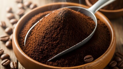 bowl of ground coffee with metal scoop surrounded by scattered beans on wooden surface closeup view