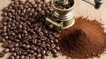 manual coffee grinder with beans and ground coffee on wooden surface closeup view