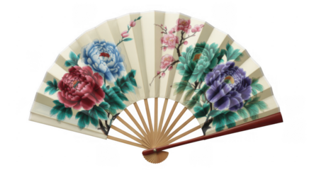 Open folding fan with painted peonies and cherry blossoms on cream colored paper isolated on a transparent background