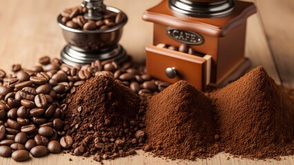 coffee beans and three grind sizes with vintage manual grinders on wooden surface closeup view