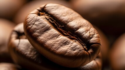 closeup of roasted coffee bean with glossy surface and blurred beans in warm background