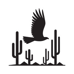 hawk flying over desert cactus landscape vector silhouette line art illustration
