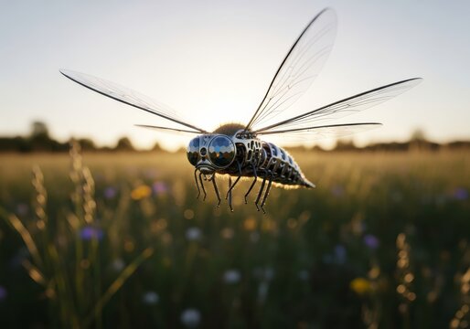 Macro closeup of a dragonfly mini robot  on green grass, highlighting the insect's intricate wings in summer nature