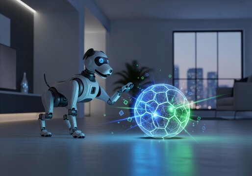 Robot pet dog interacting in the office glowing hologram ball a 3D robotic technology globe concept illustration