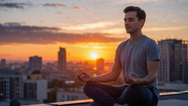 Young man meditating on a city rooftop at sunset. Yoga and mindfulness practice for mental health and relaxation concept.