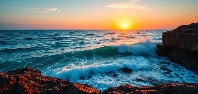 Sunset over turquoise ocean; wave crashes on rocky cliff, horizon, boulders