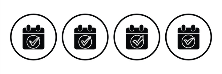 Minimal calendar icon set with check mark symbol in various styles, suitable for scheduling, planning, reminders and more, vector illustration