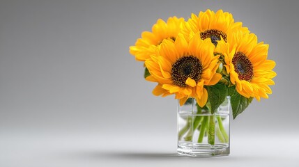 A bouquet of bright yellow sunflowers sits in a clear glass vase.