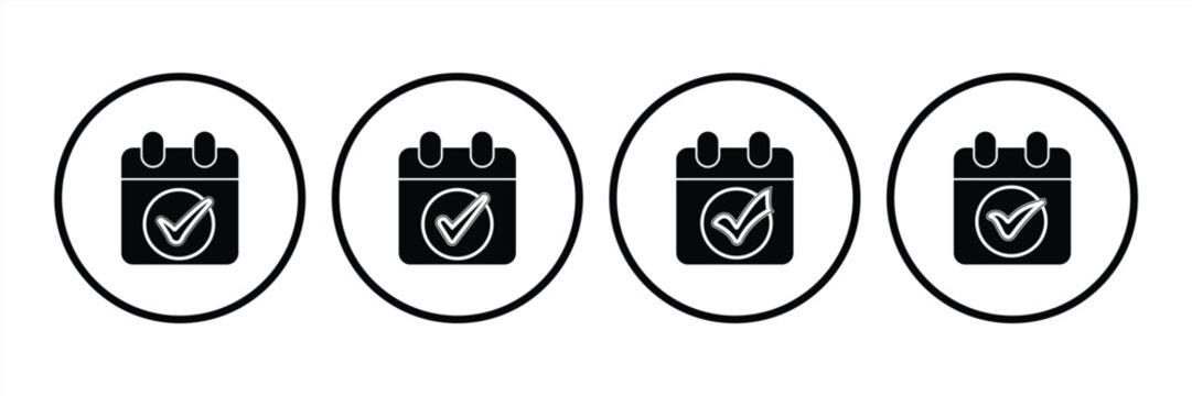 Minimal calendar icon set with check mark symbol in various styles, suitable for scheduling, planning, reminders and more, vector illustration