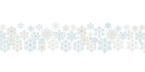 Fototapeta premium Elegant seamless horizontal border of delicate vector snowflakes in soft icy-blue and gray tones with thin lines and subtle fading on a transparent background