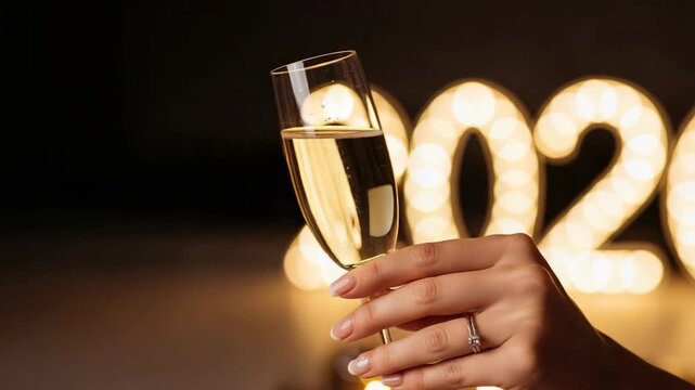 Celebrating New Year 2026 with a champagne toast. A woman's hand holds a sparkling glass against a background of festive bokeh lights. Happy New Year concept