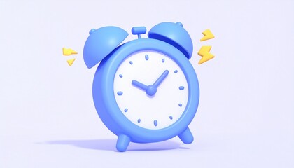 Vintage blue alarm clock in 3d icon with white face and metal bells, isolated object for morning wake-up and deadline reminder