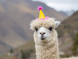 Quirky Alpaca Portrait in Tiny Confused Party Hat